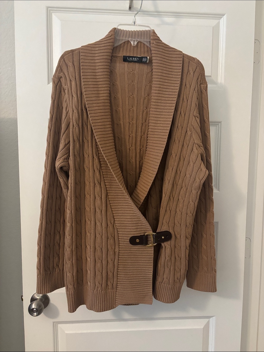 Lauren Ralph Lauren camel cable-knit shawl cardigan SZ 3X buckle closure NWOT